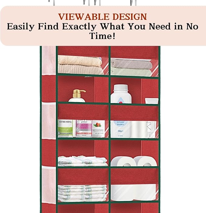 Christmas Over The Door Organizer 5 Tiers, Extra Large Behind Door Storage of 10 Compartments, 80 lbs Weight Capacity Hanging Storage Organizer with Clear Window Kids Toys, Shoes, Diapers, Red