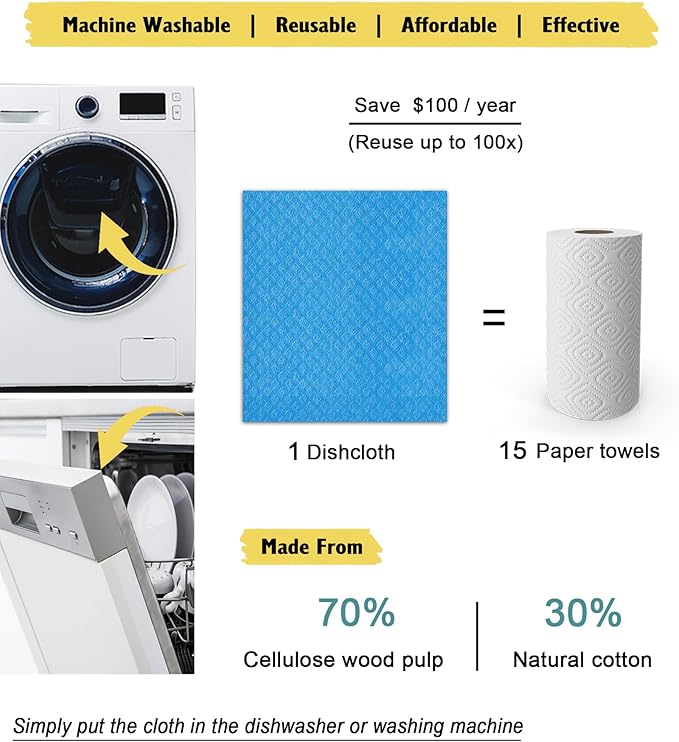 Swedish Dishcloths - 10 Pack Reusable Kitchen Dishcloths - Ultra Absorbent Dish Towels for Washing Dishes - Cellulose Sponge Cloth Cleaning Cloths - Blue