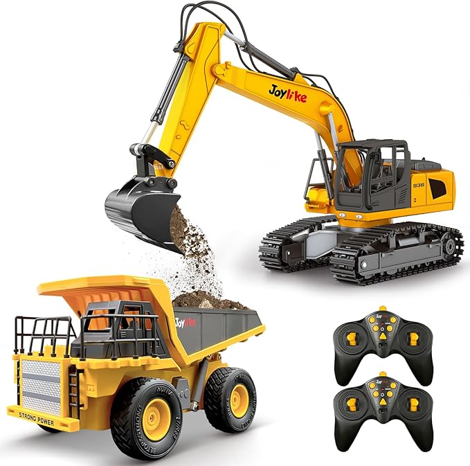Joylike RC Excavator and Dump Truck Toy Set，2.4Ghz Metal Remote Control Construction Vehicle with Light&Sound, Best Christmas Toy for Boys 8+Year Old Kid