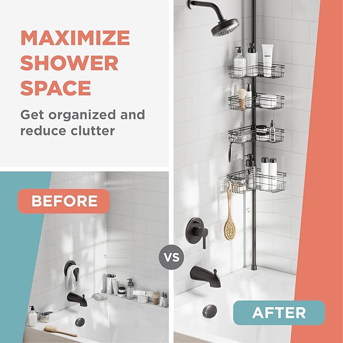 Zenna Home Tension Pole Shower Caddy Corner Organizer, Adjustable Standing Shower Caddy with 4 L-shaped Baskets and Hooks, Rust Resistant Bathroom Tension Rod Organizer, 60 to 97 Inch, Bronze