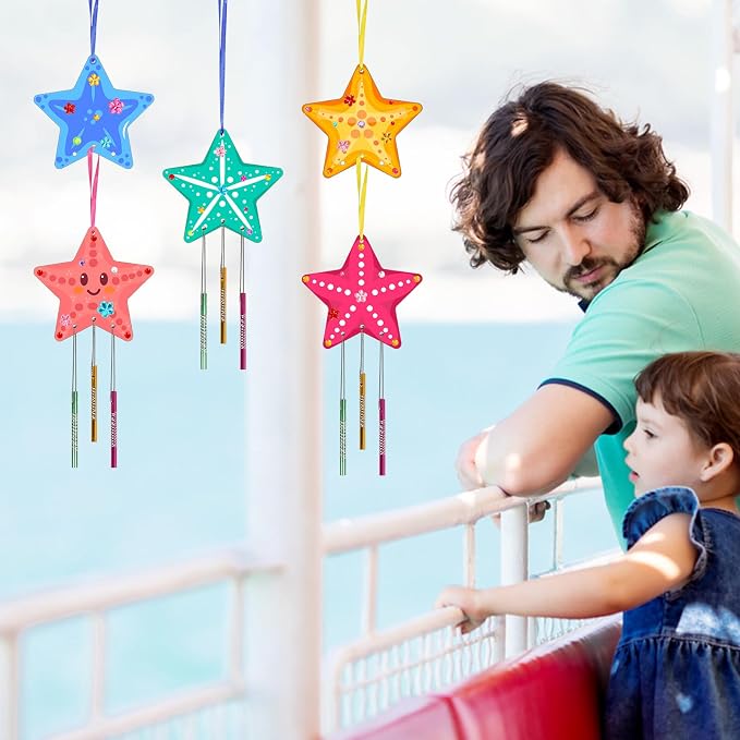Fennoral 9 Pack Star Wind Chime Kit for Kids Make Your Own Starfish Wind Chimes for Girls Boys Ornaments DIY Coloring for Summr Art Project Party Decoration Birthday Gift