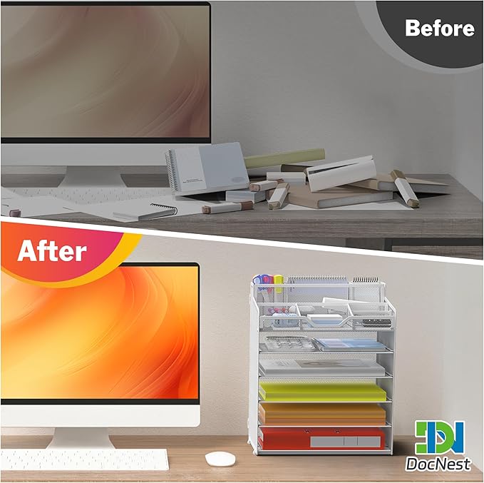 Docnest 6 Tier Mesh Desk Organizer for Paper Office Supplies – Multi-Functional Letter Tray with 5 Adjustable Compartments, 3 Pen Holders, Desktop Storage for Files, Mail, Stationery – White