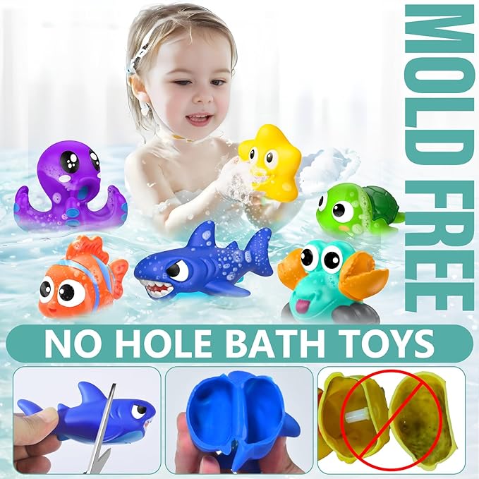 No Hole Mold Free Baby Bath Toys for Kids Ages 1-3,Water Toys for Babies and Toddlers,Ocean Animal Bath Toys for Bathtub,Shower,Beach, Pool,Water Table,Boys Girls Gifts with Storage Bag