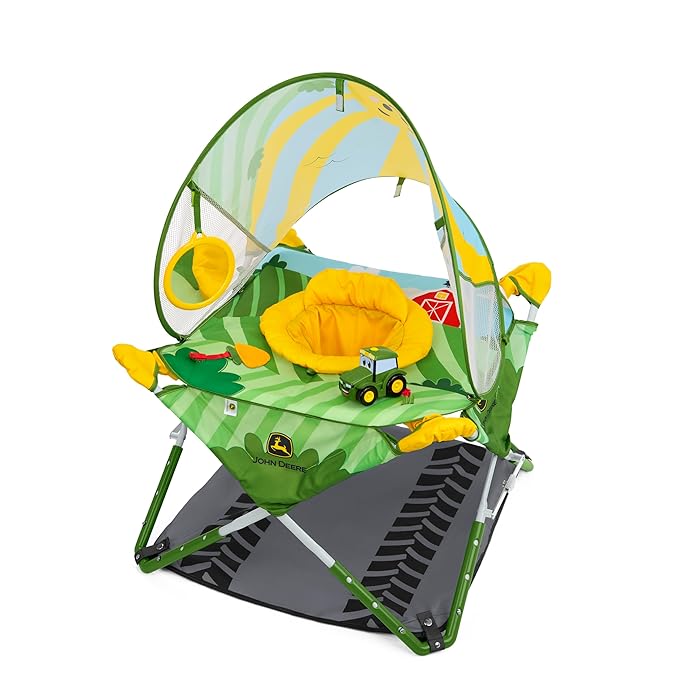 Bright Starts John Deere Pop 'N Jump Portable Baby Jumper, Foldable Indoor/Outdoor Baby Jumper with Sensory Activities, Ages 6–12 Months