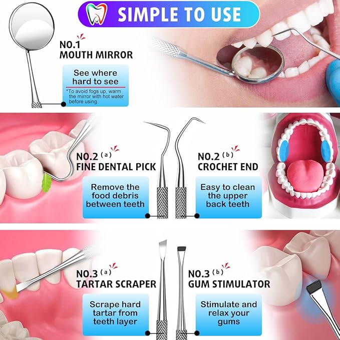 G.CATACC Dental Tools, Dental Pick Teeth Cleaning Tools Hygiene Kit, Plaque Remover for Teeth, Professional Stainless Steel Tooth Scraper Plaque Tartar Cleaner - with Case