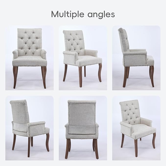 Upholstered Tufted Chenille Dining Chairs with Arms & Nailhead Trim – Solid Wood Frame & Legs, Modern Farmhouse for Dining, Kitchen & Living Room (Set of 1, Beige)