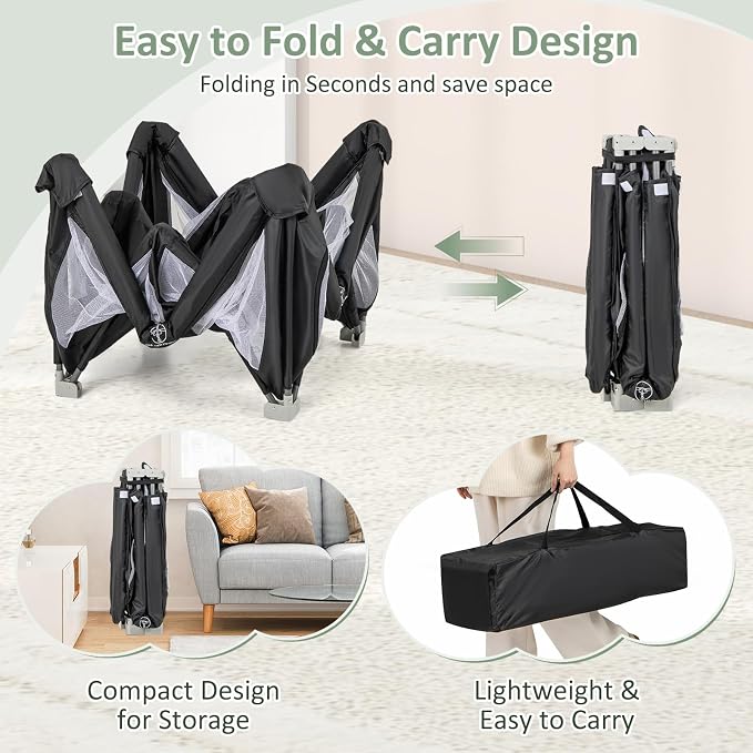 INFANS Foldable Baby Playpen with Mat, 59” x 59” Large Baby Play Yard for Infant with 50 Ocean Balls, 4 Handlers, Carry Bag, Indoor Outdoor Fence Toddler Activity Center (Black, 59” x 59”)