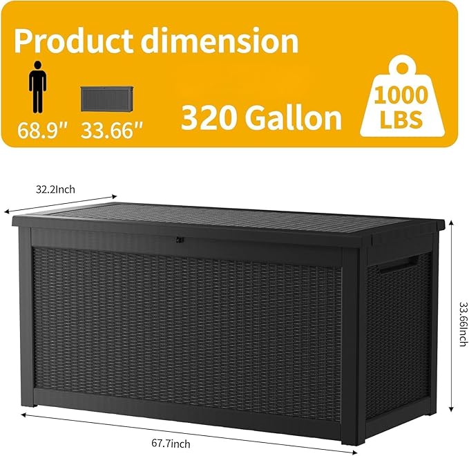 Outdoor Storage Deck Box Waterproof, 320 Gallon Large Lockable Patio Storage Bin Chest, Resin Outside Container Seat Bench for Furniture Cushions, Pool Accessories, Garden Tools & Delivery, Black