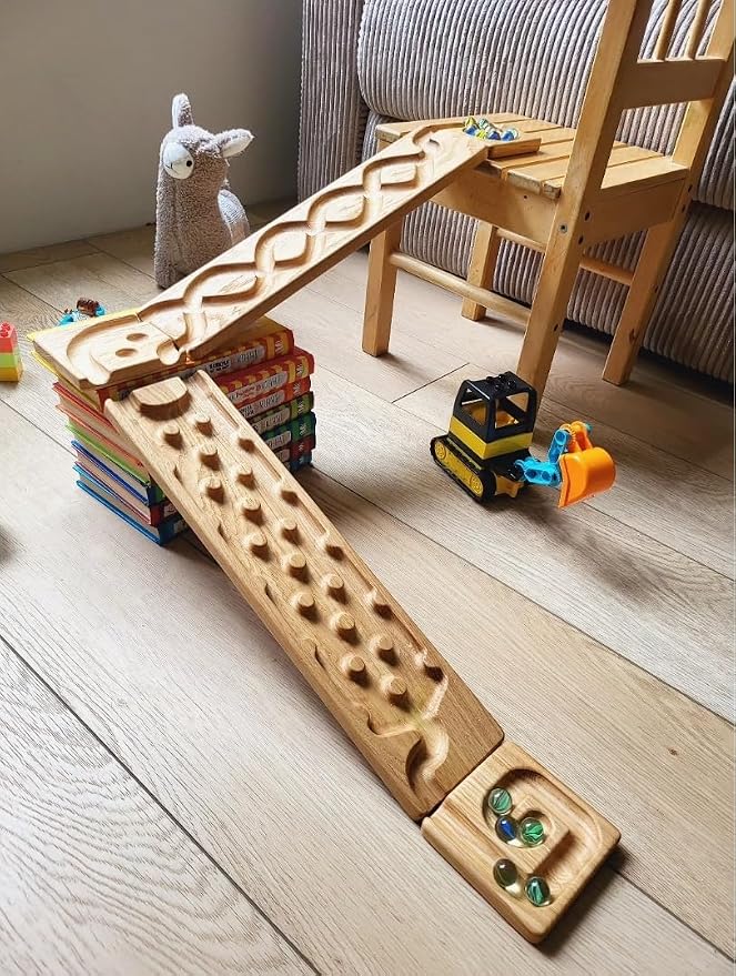 Wooden Marble Run Track Set of 2 Wind+Rocks Race Machine Set Wooden Maze Board Ball Run Montessori STEM Toy Gift for Kids Wave Course Winding Roller Track Game (Rocks+Whirlpol)