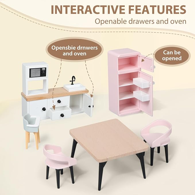 Pithfor Wooden Dollhouse Furniture Set, Dollhouse Accessories and Furniture, with 7 Rooms 3 Dolls, Includes Patio Set & Dog Set, Doll House Furniture Toys Gift for Kids Boys Girls