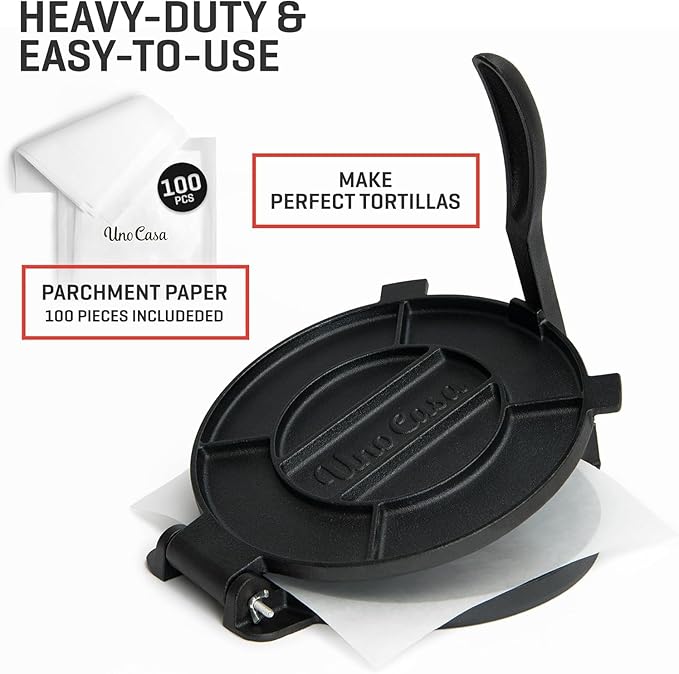 Uno Casa Cast Iron Tortilla Press 10 Inch - Tortilla Maker Press, Pre-Seasoned Roti Maker with 100 Pcs Parchment Paper - Heavy Duty Quesadilla Maker for Homemade Flatbreads, Rotis, Empanadas