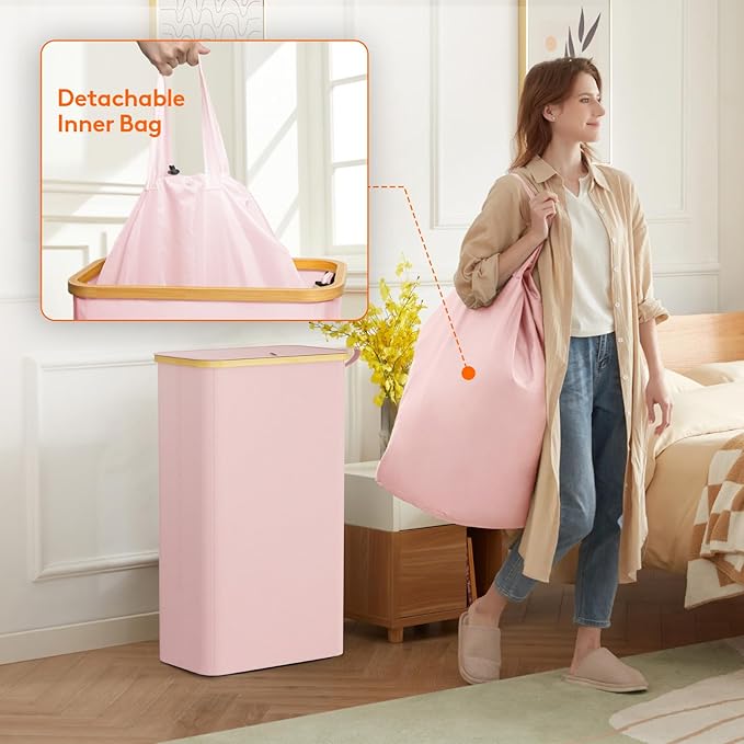 Lifewit 75L Slim Laundry Hamper with Lid, Narrow Laundry Basket with Removable Bag & Bamboo Handles, Fodable Thin Dirty Clothes Hamper for Laundry Collapsible Bin for Bathroom Bedroom Dorm, Pink