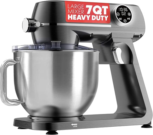 Gourmia Digital Stand Mixer - 7 QT Tilt-Head Kitchen Mixer with LED Timer, 10 Speeds, Stainless Steel Bowl, Attachments Included, 800W, Silver