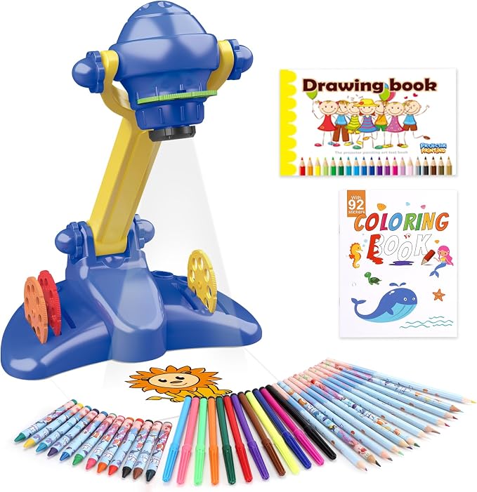 Sumsoltic Drawing Projector for Kids, Art and Craft Kit,Including Colored Pencils, Crayons, Coloring Books, Toys for 3+ Year Old Boys (Blue Drawing Kit v2)