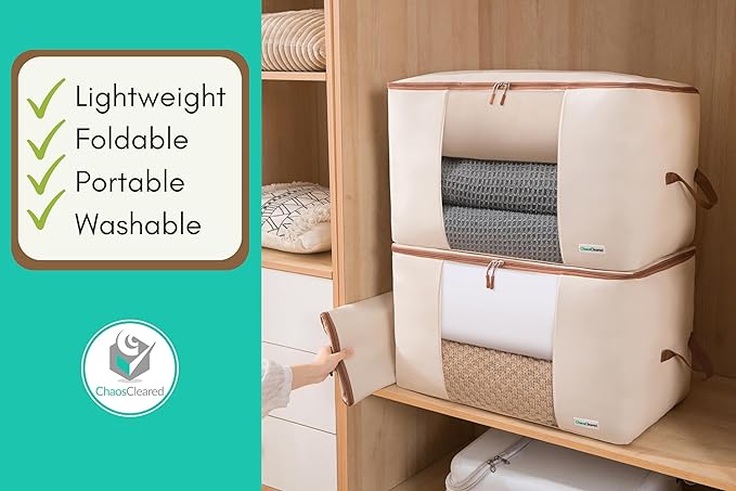 Canvas Storage Bags Designer Organizer for Comforters 2 Pack – Seasonal Storage for Pillows, Blankets, Linens & Garments – Foldable Design with Zip & Window, Moth-Proof Space Saver