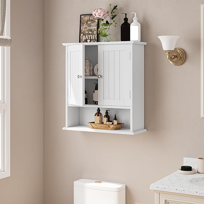 Bathroom Wall Cabinet, Bathroom Cabinet Wall Mount with 2 Doors and Open Shelf, Over The Toilet Wall Storage Cabinet, Bathroom Medicine Cabinet