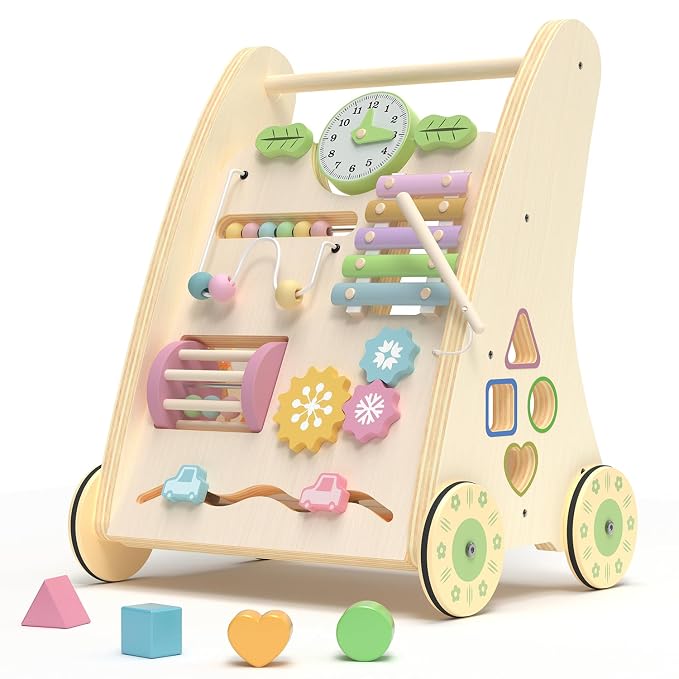Wooden Baby Walker,Adjustable Speed Push Walker with Wheels and Learning Activity Center,Montessori Walker for Babies 12 Months,Baby Walker Push Toys for Baby Boys and Girls Gifts (Natural)