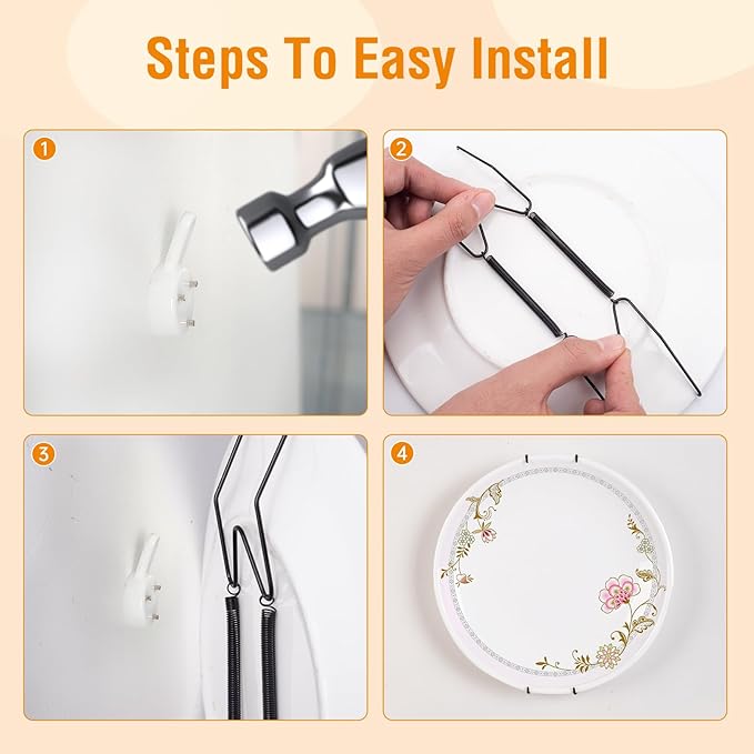 Bilillo 4 Pack Plate Hangers for The Wall, Suitable for 6''-8'' Decorative Plate,Invisible Heavy Duty Wire Plate Holder with Wall Hooks, Plate Hangers for Displaying Plates, Platter, Dish (Black)