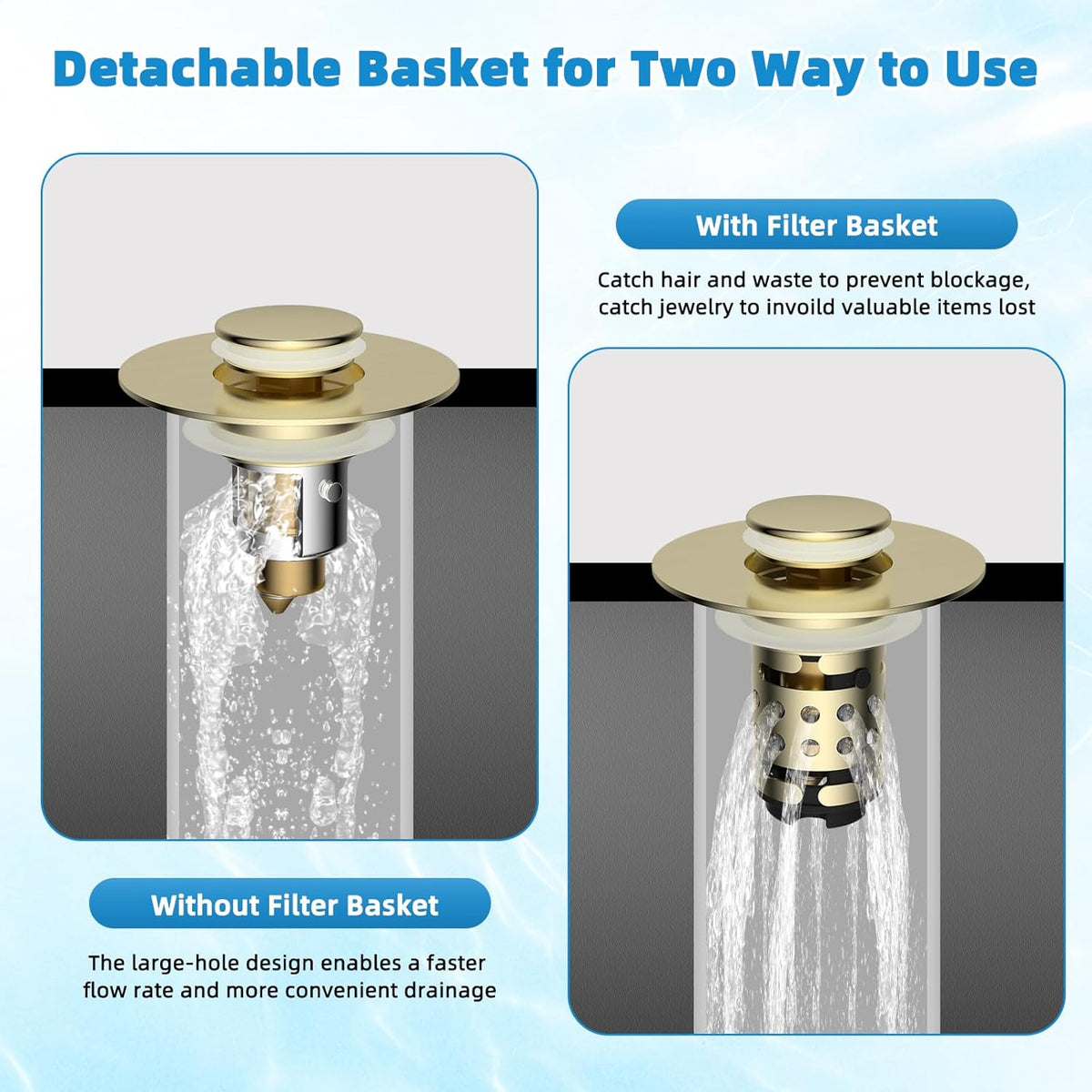 Universal Bathroom Sink Stopper Hair Catcher Upgraded with 2-Layer Detachable Filter Basket, 4 in 1 Pop Up Drain Strainer, Anti-Clog, Odor-Block, Universal Fit for 1.1''~2.36'' Sinks, Brushed Gold
