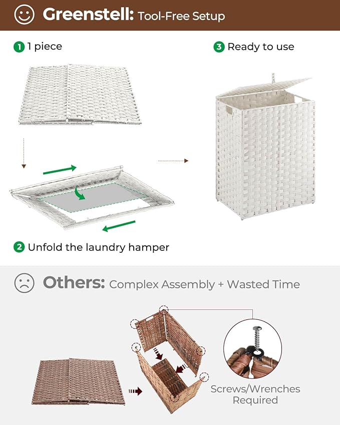 Greenstell Laundry Hamper with 2 Removable Liner Bags，90L Divided Clothes Hamper, Handwoven Synthetic Rattan Foldable Laundry Basket with Lid and Handles White (18.5 x 13.3 x 24.0Inches)