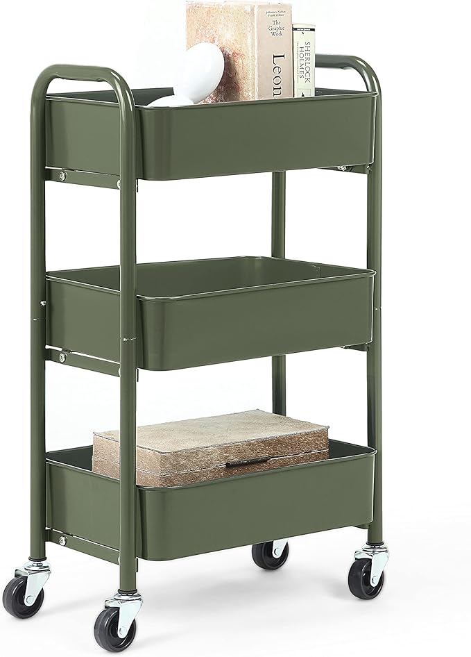 SunnyPoint 3-Tier Delicate Compact Rolling Metal Storage Organizer - Mobile Utility Cart Kitchen/Under Desk Cart with Caster Wheels - Army (15.35" X 10.24" X 26.8"H)