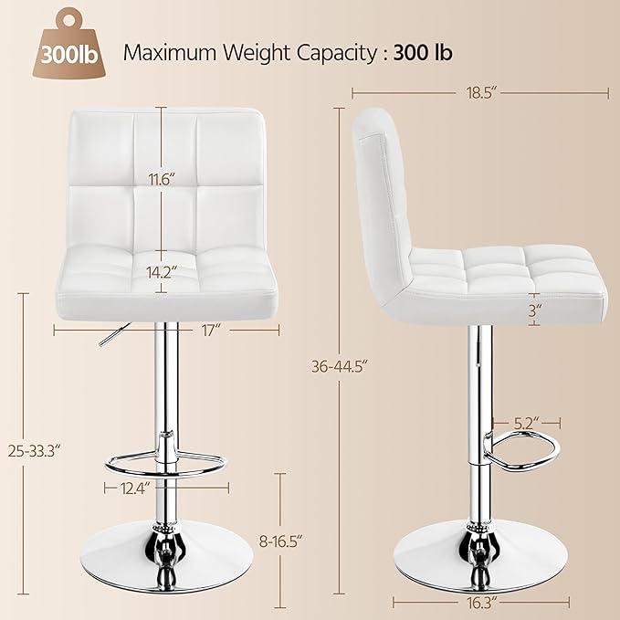 Yaheetech Bar Stools Set of 2, PU Leather Adjustable Swivel Barstools, Armless Hydraulic Kitchen Counter Bar Stool, Kitchen Island Chairs Set of 2, White