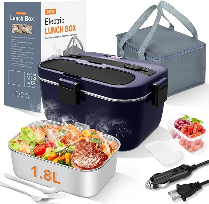 DUPASU Electric Lunch Box Food Warmer: 100W Heated Lunch Box for Adults, 1.8L Portable Fast Heating Lunchbox Food Heater for Car, Truck, Work, Travel, Lonchera Elctrica Porttil 12/24V/110-230V