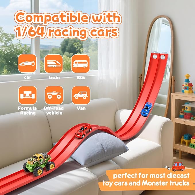 KETIEE Flex Tracks 16 Ft for Kids, Flexible Race Car Ramp Track with 2 Small Racecars and 4 Suction Cups Compatible with Diecast 1/64th Cars,Rolls Up Portable Racetrack for Ages 3 & Up