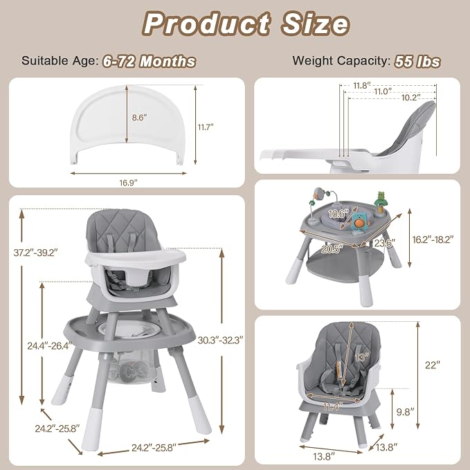 Babyliebe 15-in-1 Baby High Chair, Convertible Highchair for Babies and Toddlers with Activity Center, Booster Seat, Building Block Table, Toddler Chair with Safety Harness, Removable Tray (Gray)