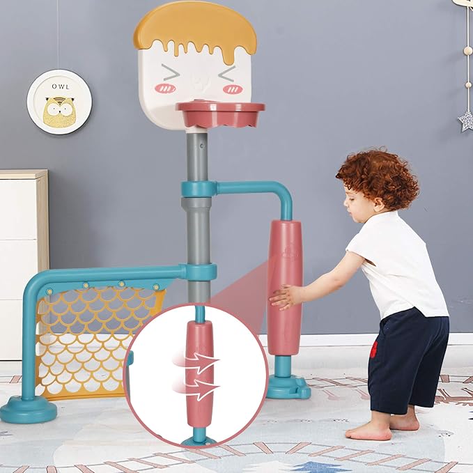 Costzon 3-in-1 Toddler Basketball Hoop & Soccer Goal Stand, Basketball Stand with Adjustable Height, Indoor & Outdoor Activity Center Basketball & Soccer for Kids