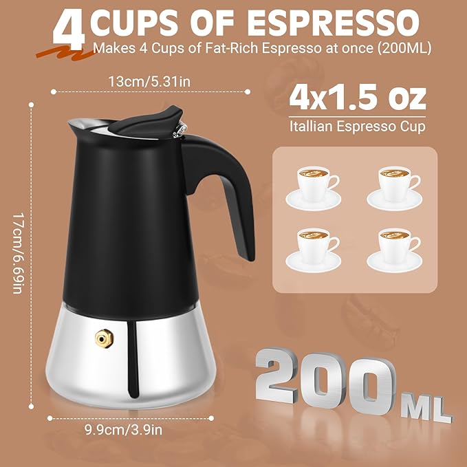 Moka Pot, 4 Cups (7.1 oz) Stovetop Espresso Maker, 304 Stainless Steel Moka Pot, Induction Compatible, Black