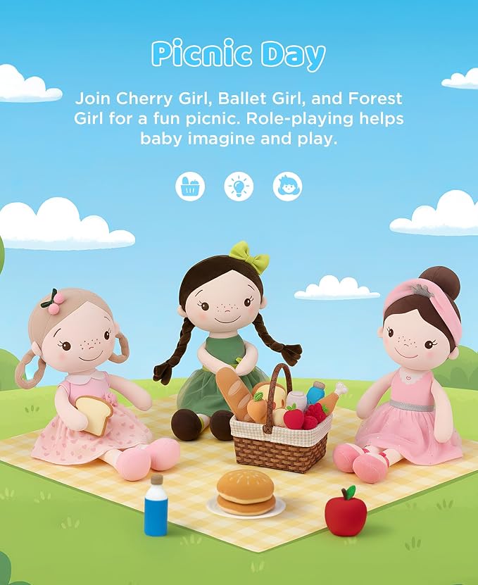 GAGAKU Soft Baby Doll Toys (16'') for Girls, My First Baby Rag Dolls for 1 Year Old Girl Birthday Gift Plush Doll Toys Machine Washable Baby Doll for Toddler Kids Infants - Cherry Girl