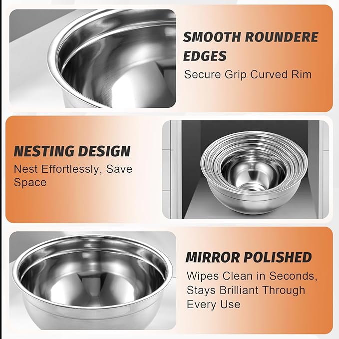 BEWOS Mixing Bowls with Lids Set - 5 Pcs Stainless Steel Mixing Bowls With 3 Grater Attachments, Size 4.5, 4, 3.5, 2.1, 1.5QT Metal Bowls for Baking and Serving (Black)