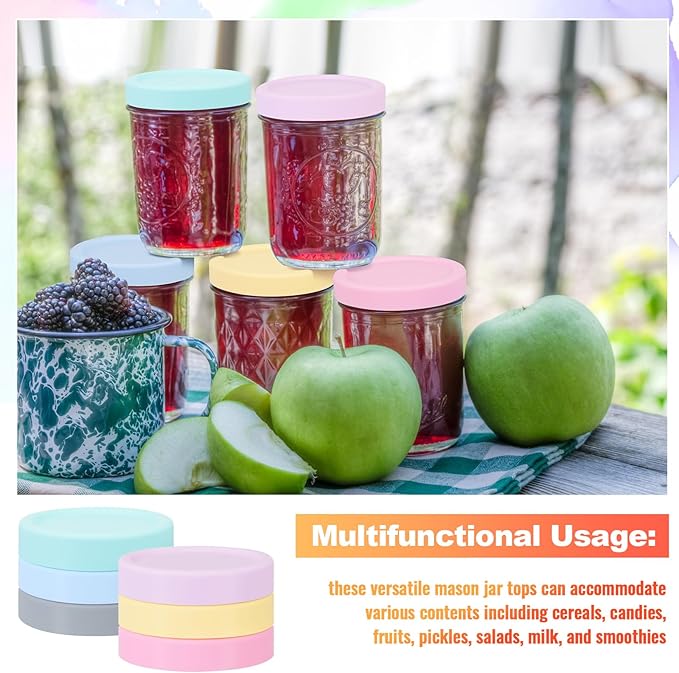 Teenyyou 6 Pcs Silicone Regular Mouth Lids Mason Jar Lids Thickened Leak Proof Lid for 70 mm All regular mouth Mason Jars, Reusable Large Canning Jar Caps(Macaron)