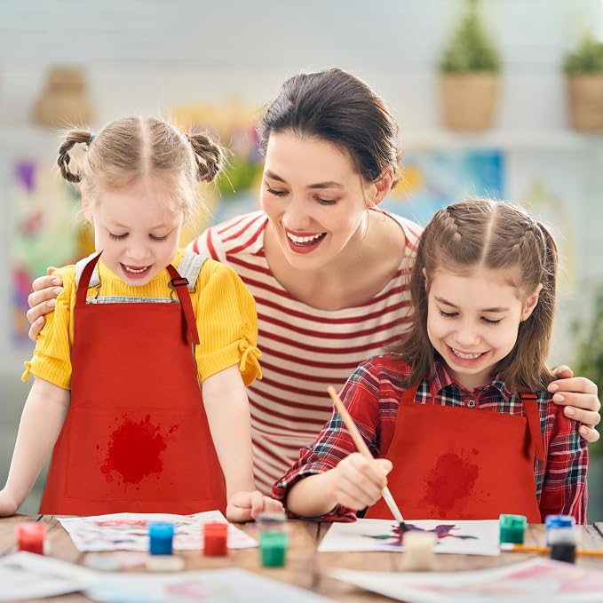 12 Pack Kids Apron bulk with 2 Pockets Adjustable Chef Art Apron Kids Painting Aprons for Cooking Baking Painting Crafting Grilling Activity（Red）