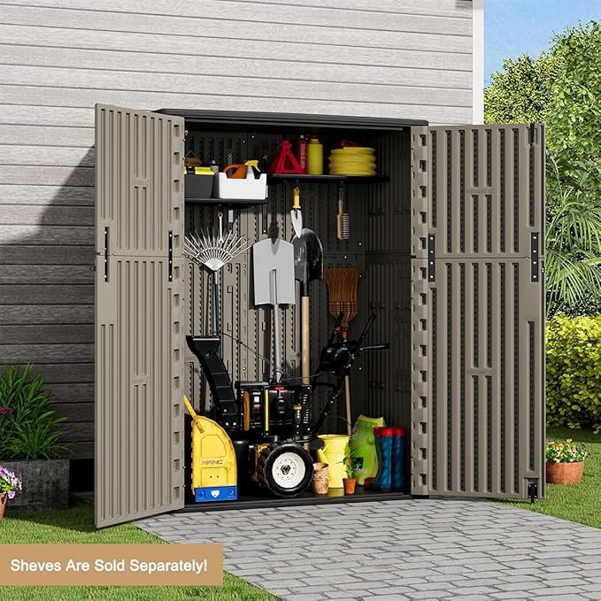 KINYING Outdoor Vertical Storage Shed,57 Cu.ft Outdoor Storage Cabinet Waterproof,Resin Sheds & Outdoor Storage Clearance for Garden,Patio,Backyard,Lockable (Brown)