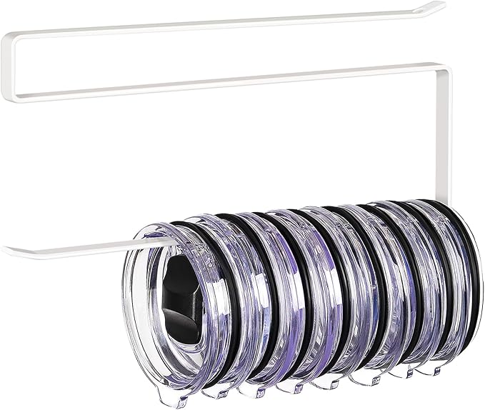 Tumbler Lid Organizer, Horizontal Tumbler Lid Storage Hook Up to 10 Lids, Space Saving Cup Lid Holders Under Cabinet Tumbler Lid Hook for Kitchen Organizer and Storage, Paper Towel Rack Hanger (White)
