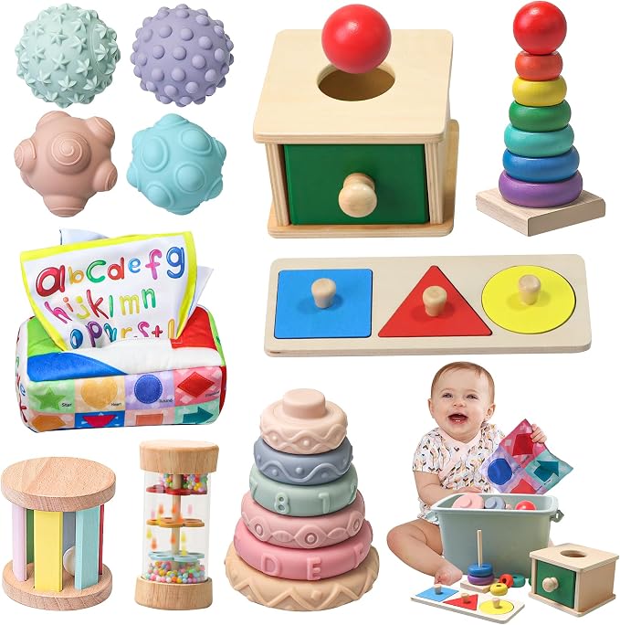 Montessori Toys for Babies 6-12 Months,1 Year Old,8 in 1 Learning Educational Set Wooden Sensory Toys for Baby Toys 12-18 Months (Includes Tissue Box Toy,Rainmaker and More)
