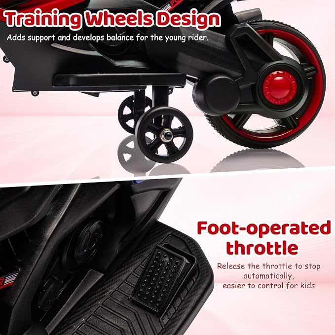 Garvee Kids 6V Ride On Motorcycle, Battery Powered Ride On Toys w/Treaded Tires, Working Headlight, Horn, Music, Training Wheels, Stable Electric Toddler Motorcycle for Kids, Gift for Boys Girls, Red