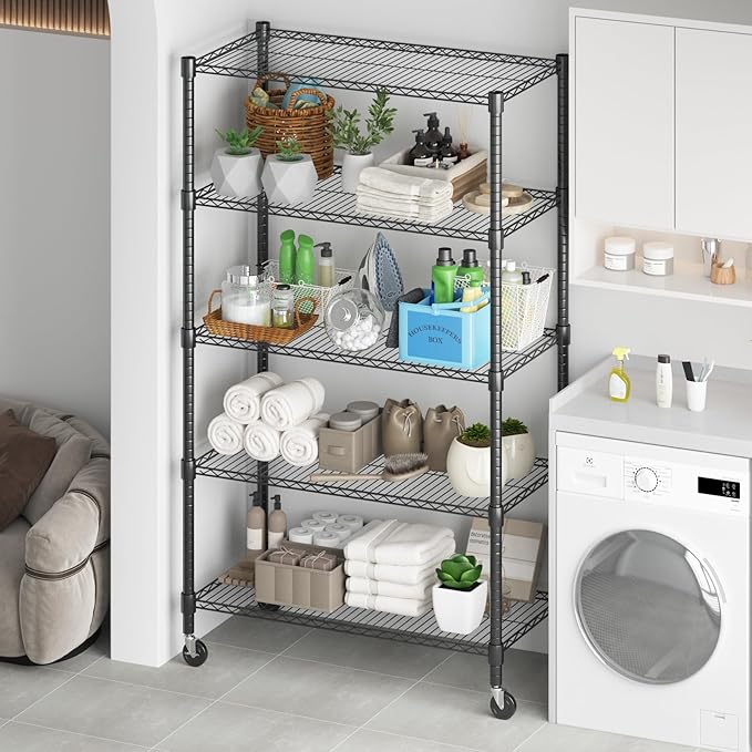 Himimi 5-Tier Heavy Duty Steel Wire Rack Storage Shelving, Adjustable Metal Storage Shelves with Wheels, 82''H Wire Shelf for Kitchen Garage Basement Pantry Organization, 18" D×36" W×82" H-Black
