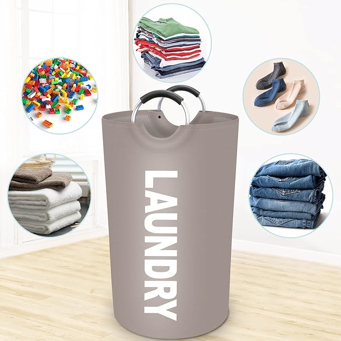 StorageRight 90L Large Laundry Basket, Laundry Hamper, Dirty Clothes Hamper for Laundry, Collapsible, Waterproof Laundry Baskets with Foam Protected Aluminum Handles for Laundry, Dorm, Family (Khaki)