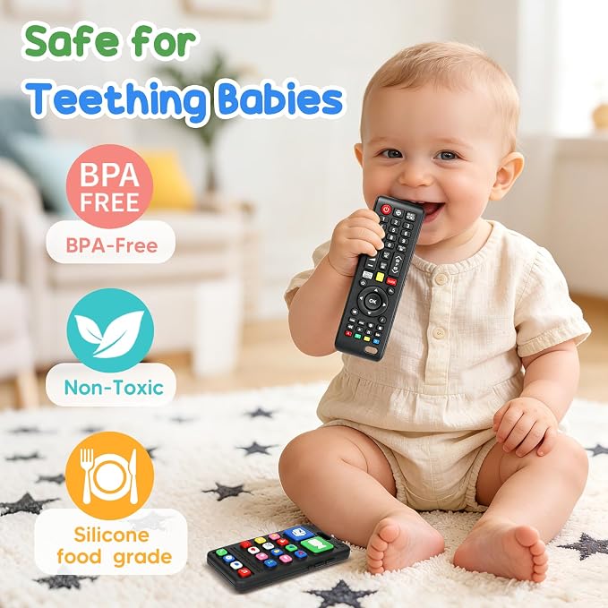 2 Pack Baby Teething Toys 3-6 6-12 Months, Sensory Silicone Phone and Remote Teether Toys for Teething Relief, Infants Newborn Chew Toys 6-18 Months for Sucking Needs, Shower Birthday Gifts