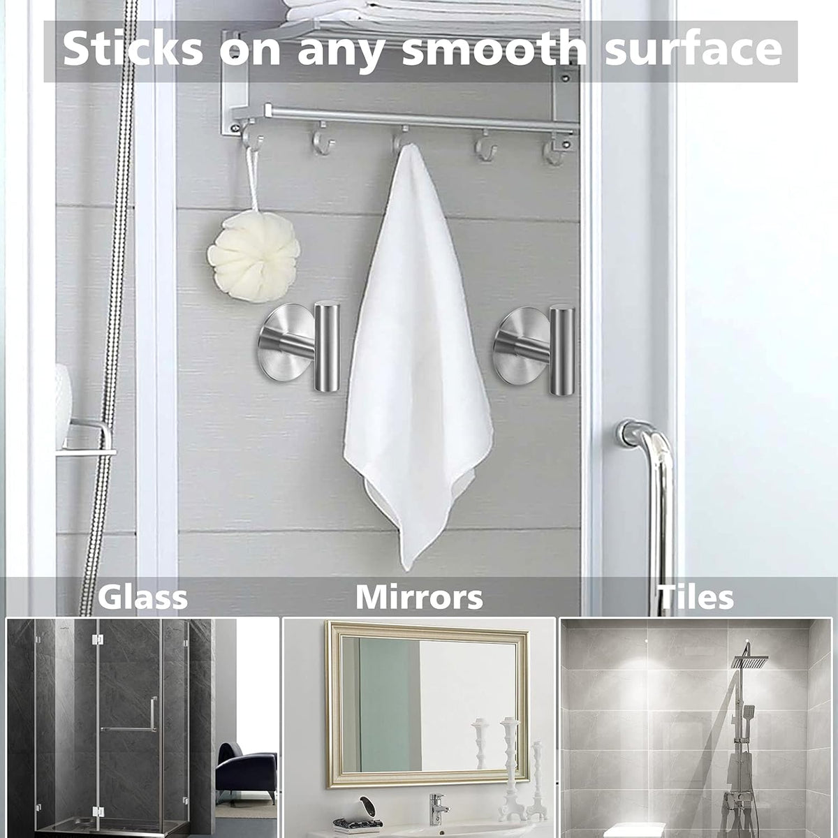 Adhesive Hooks Heavy Duty Wall Hooks Stainless Steel Waterproof Shower Hooks, Adhesive Holders Coat Robe Hooks for Hanging, Wall Mounted Towel Hooks for Bathroom Kitchen - 4 Pack
