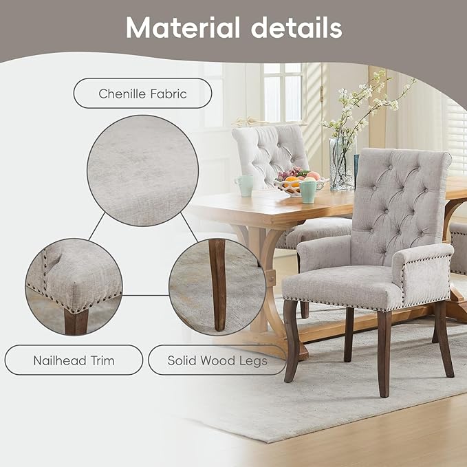 Upholstered Tufted Chenille Dining Chairs with Arms & Nailhead Trim – Solid Wood Frame & Legs, Modern Farmhouse for Dining, Kitchen & Living Room (Set of 1, Beige)