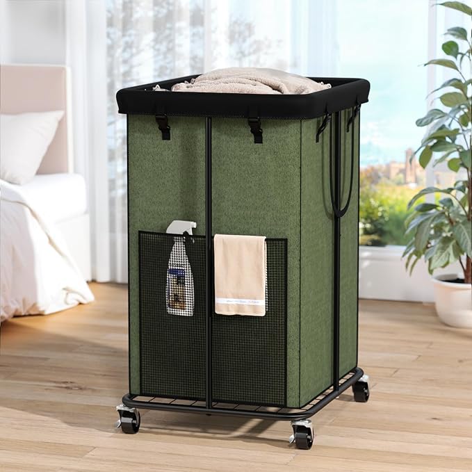 150L Laundry Hamper with Wheels, Rolling Laundry Basket with Metal Frame and Removable Bag, Large & Tall Dirty Clothes Hampers for Bedroom Aesthetic, Laundry Room, Bathroom, Dorm-Green
