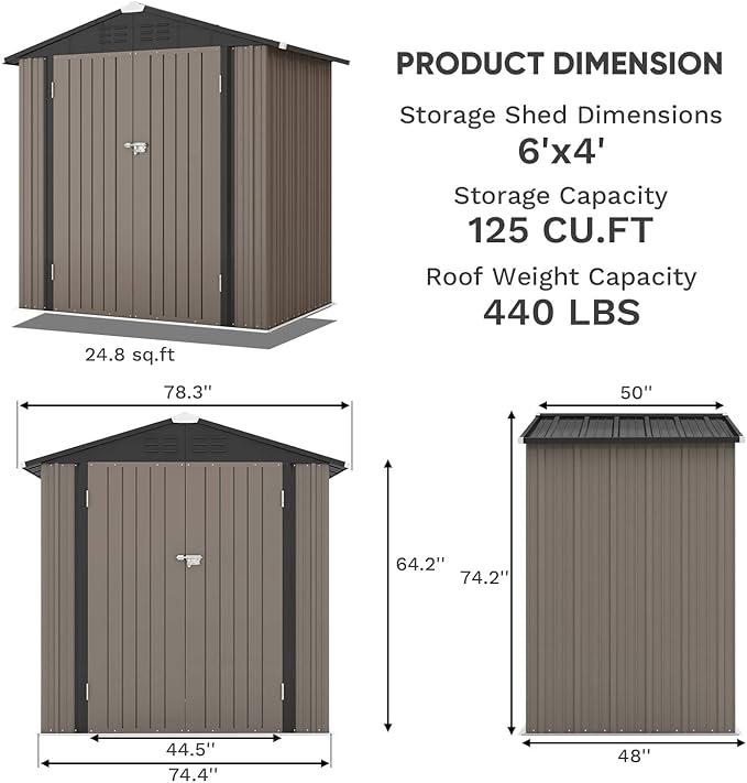Patiowell 6x4 FT Outdoor Storage Shed, Garden Tool Storage Shed with Sloping Roof and Double Lockable Door, Outdoor Shed for Garden Backyard Patio Lawn, Brown