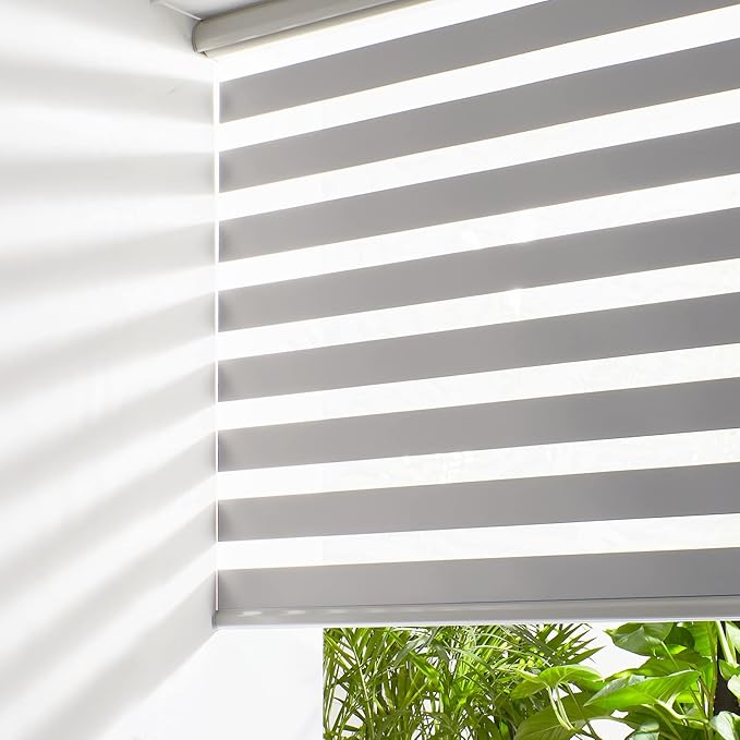 Persilux Cordless Zebra Blinds for Windows (36" W X 72" H, Grey) Free-Stop Windows Shades Dual Layer Light Control for Day and Night, Light Filtering Sheer Shades for Home, Easy to Install