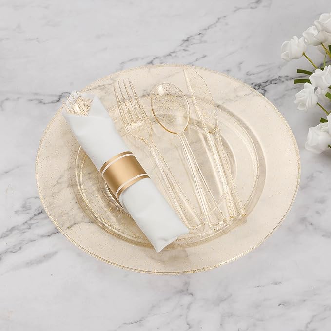 Goodluck 175 Piece Gold Glitter Plastic Dinnerware Set for 25 Guests, Fancy Disposable Plates for Party, Include: 25 Dinner Plates, 25 Dessert Plates, 25 Pre Rolled Napkins with Silverware, 25 Cups