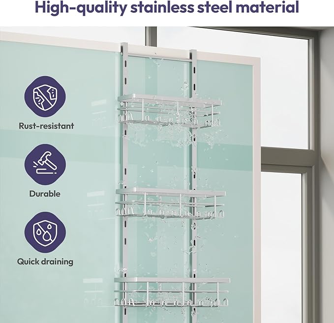 SWTYMIKI Over The Door Shower Caddy - 4 Tier Rustproof Hanging Shower Organizer with Adjustable Shelves, 40 Hooks & Soap Holder, Hanging Shower Rack Storage for Bathroom Accessories, Silver