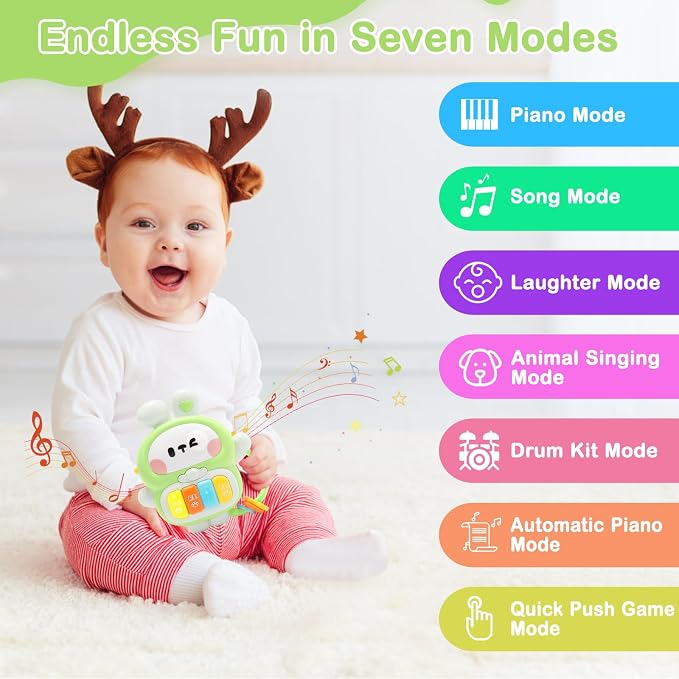 Baby Musical Toys 6-12 Months, Rabbit Piano for Baby Musical Toys for Toddlers 1-3, Busy Board with Music & Light, Birthday Toy for Infant Toddler 1 Year Old Boy Girl Gifts (Green)